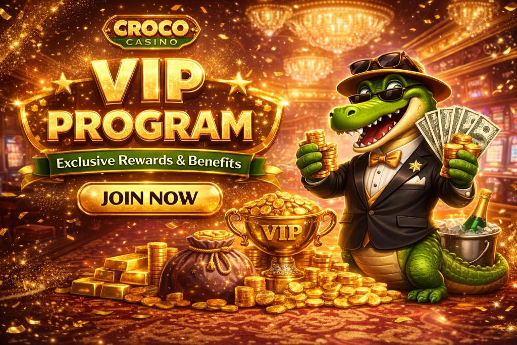 Croco Casino VIP program banner with elegant crocodile in suit holding cash and gold coins, luxury casino background with golden lights and VIP rewards theme