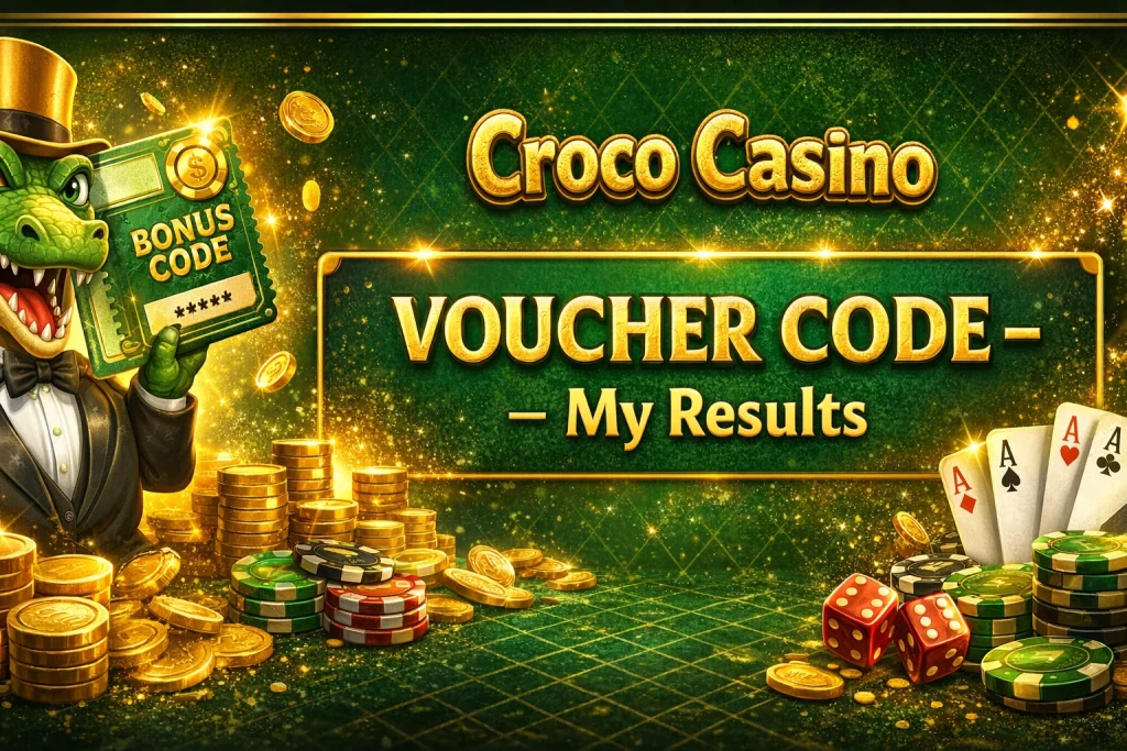 Croco Casino voucher code banner with cartoon crocodile, coupon card, charts, gold coins, cash, and casino strategy theme on bright green background