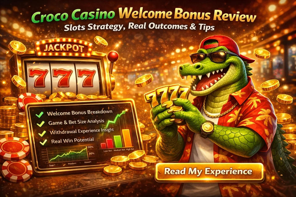 Croco Casino welcome bonus banner with cartoon crocodile, 777 slot machine, gold coins, and casino review theme on bright golden background