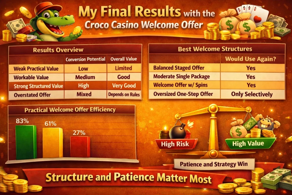 Croco Casino welcome offer horizontal banner with cartoon crocodile, gold coins, charts, tables, and casino strategy theme on bright orange background