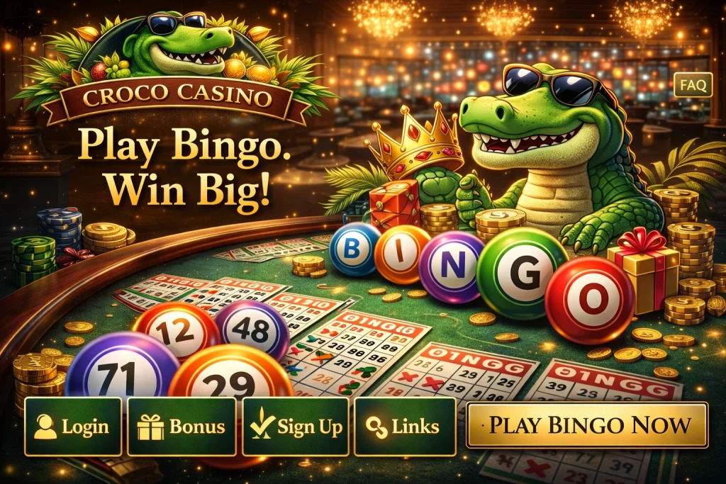 Croco Casino bingo banner with colorful bingo balls, cards, gold coins, and crocodile mascot in a vibrant and festive casino atmosphere