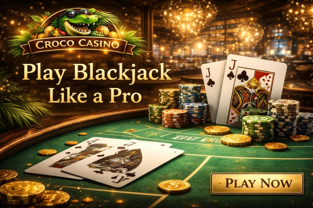 Croco Casino blackjack banner with luxury green table, playing cards, poker chips, golden coins, and crocodile mascot in a premium casino atmosphere
