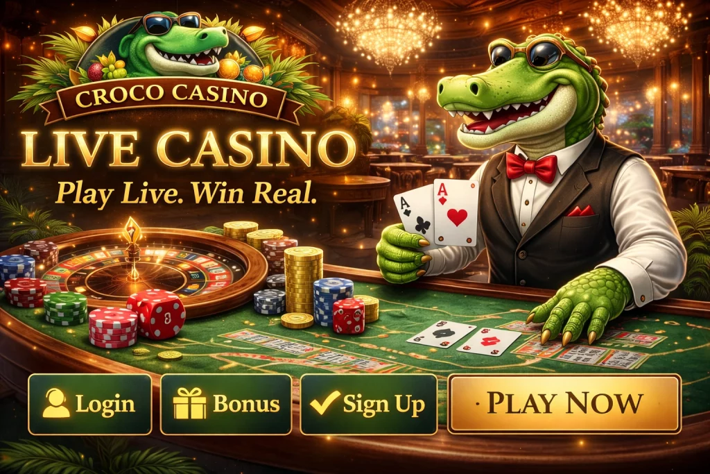 Croco Casino live casino banner with elegant gaming table, cards, roulette wheel, poker chips, golden lighting, and crocodile mascot as a dealer in a premium casino atmosphere