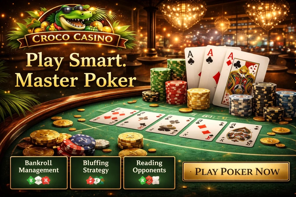 Croco Casino poker banner with luxury green table, playing cards, poker chips, golden coins, and crocodile mascot in a premium casino atmosphere