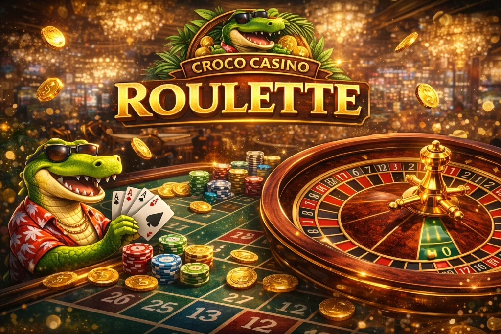 Croco Casino roulette banner with elegant casino table, golden roulette wheel, premium lighting, and crocodile mascot branding in a luxury gaming atmosphere